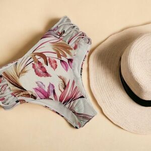 NWT Tinibikini High Waisted Caged Strappy White Floral Pink Bikini Bottoms Small